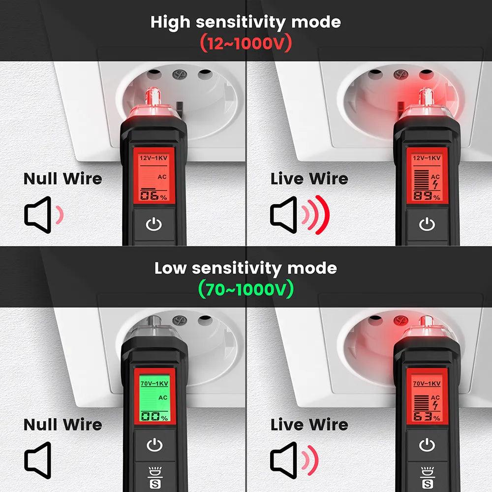 KAIWEETS HT100S non-contact voltage detector showing 12–1000V and 70–1000V modes for live and null wire detection