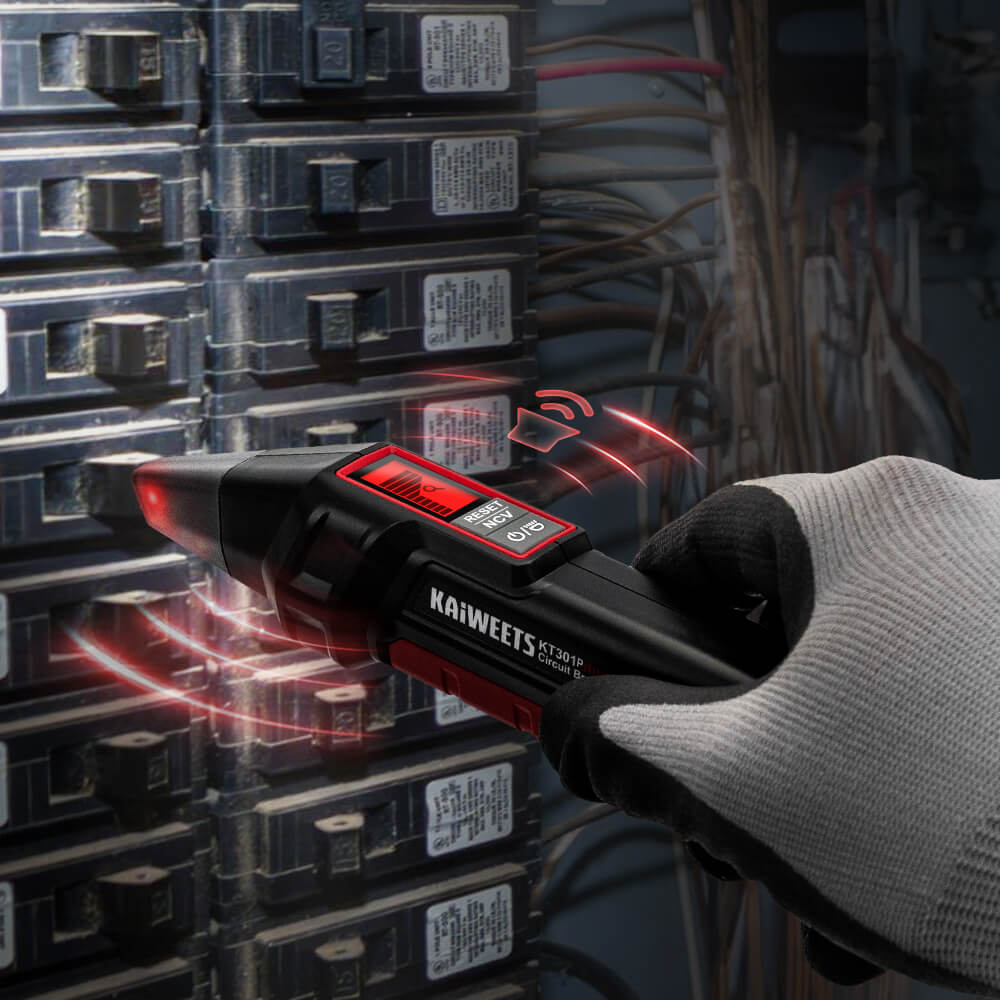 KT301P circuit breaker finder scanning the panel to locate the correct breaker with precision.