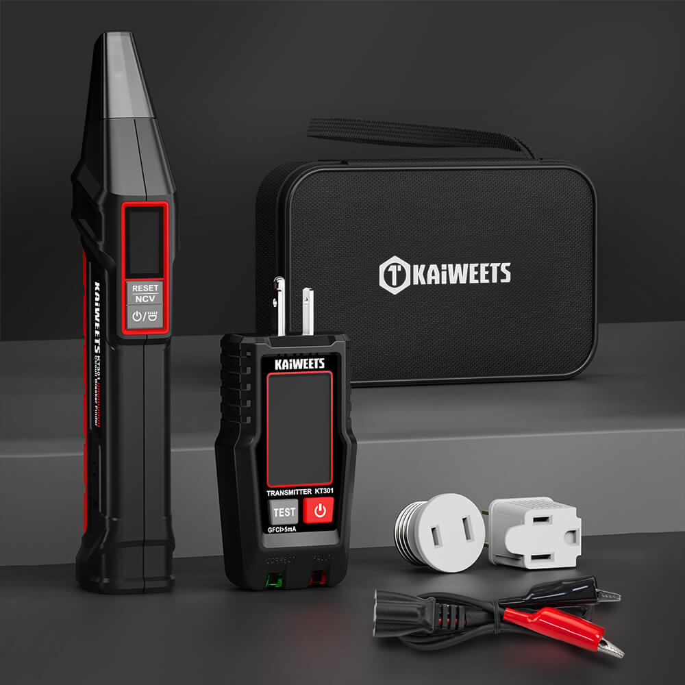 KT301P full kit with circuit breaker finder, GFCI outlet tester, adapters, and carrying case.